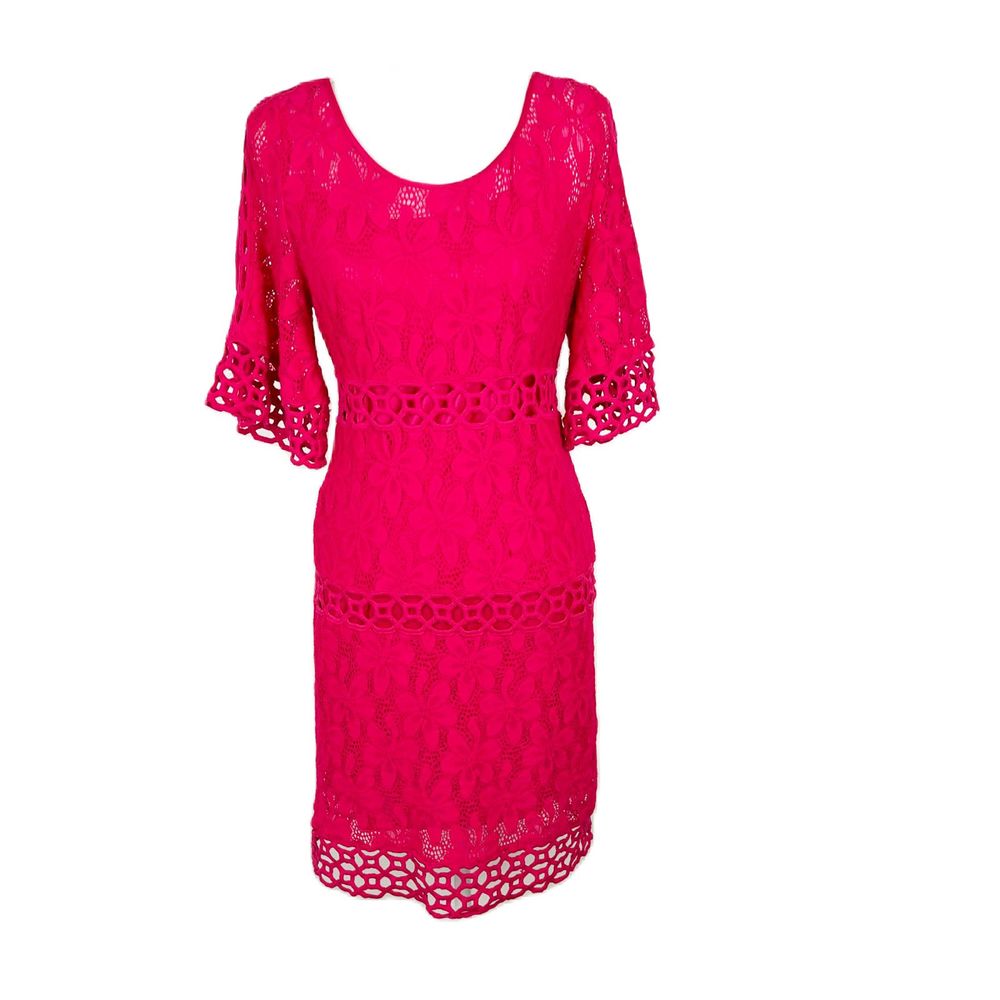 Laundry by Shelli Segal Dress Women 6 Pink Crochet Floral Knit Short Sleeve